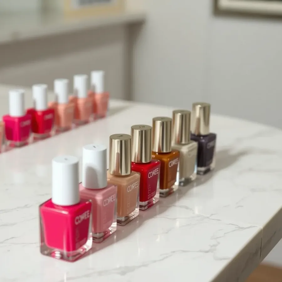 Nail polish colors in pink, red and nude
